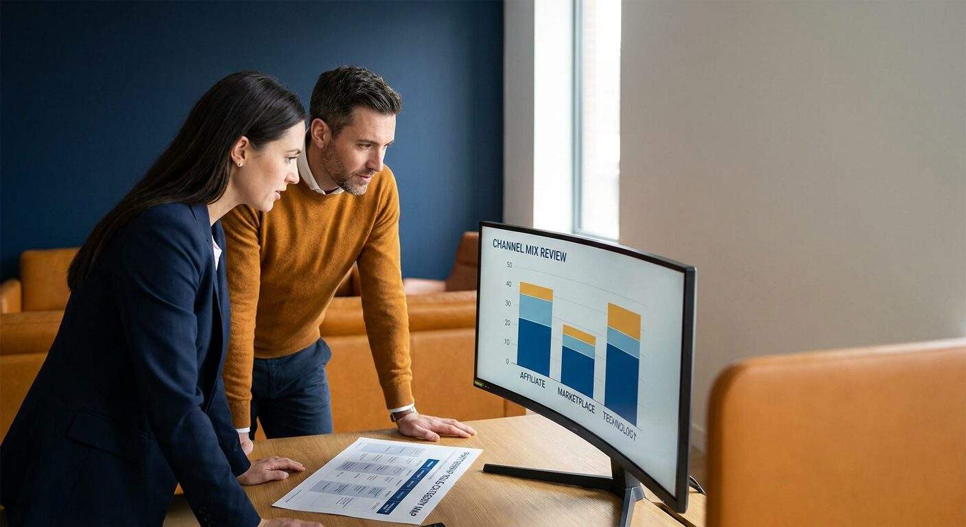 A head of partnerships at an ecommerce brand reviewing channel mix on a monitor with a growth lead, the screen showing affiliate, marketplace, and technology partners, a printed role-category map on the desk, deep navy and warm amber palette