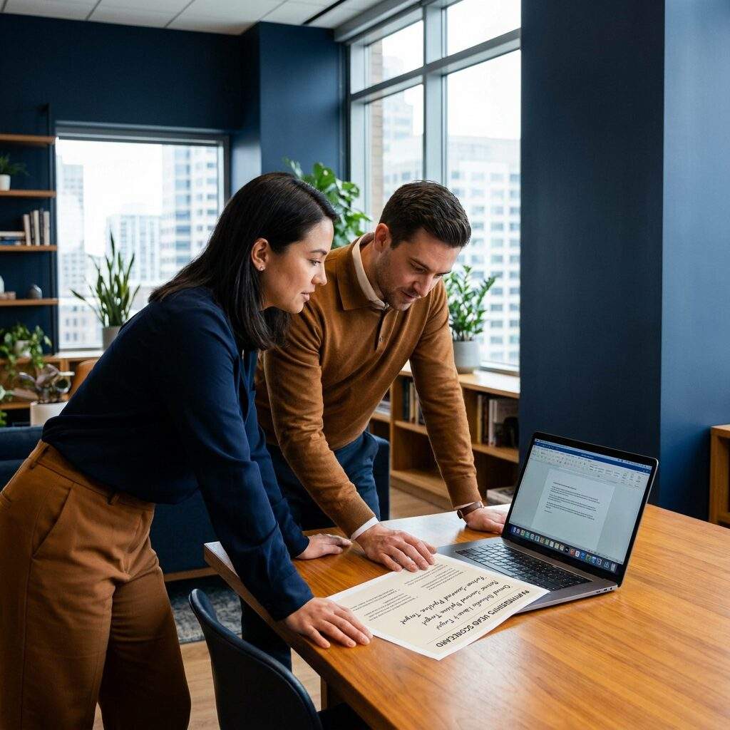 A hiring manager and a recruiter drafting a head of partnerships job description on a laptop, a printed scorecard between them listing owned outcomes and a partner-sourced pipeline target, deep navy and warm amber palette
