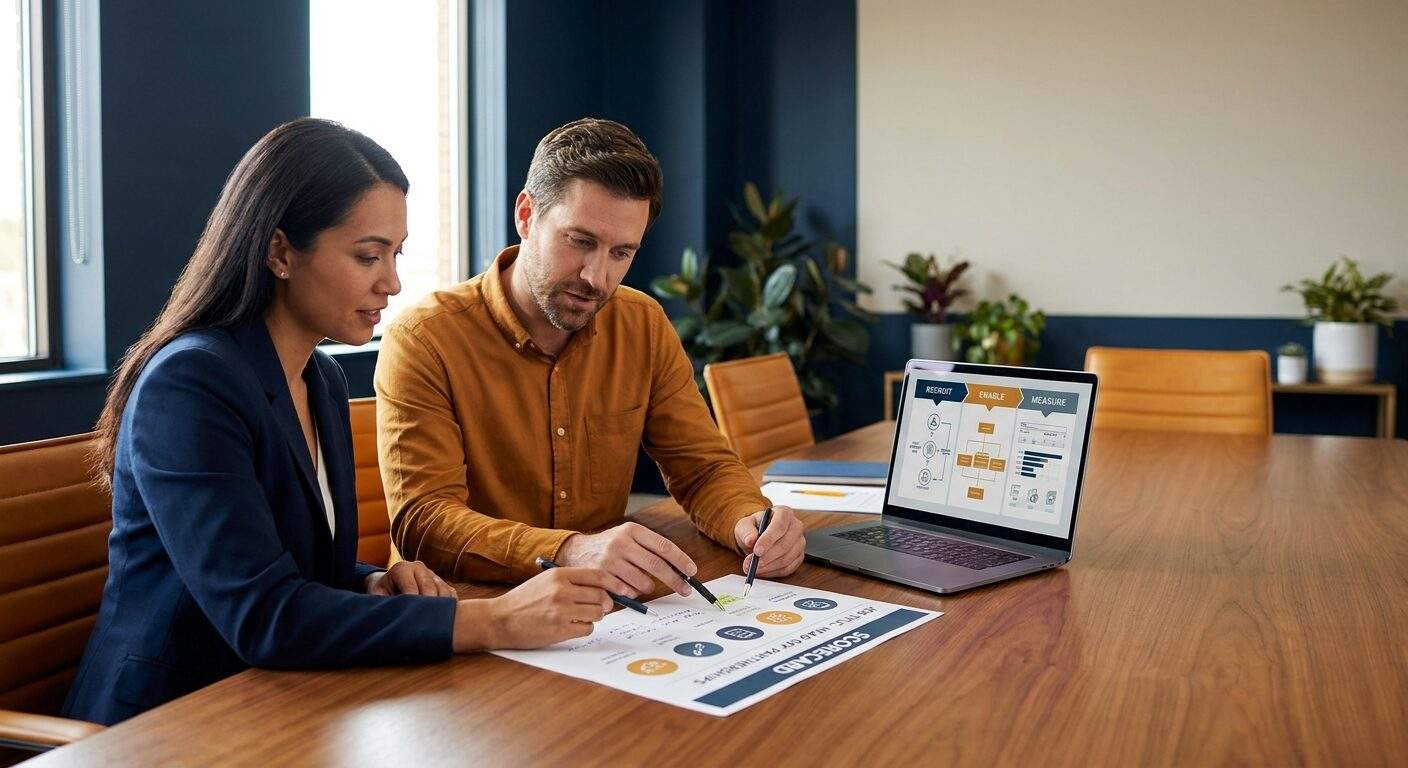 A hiring manager and a recruiter at a table decoding a head of partnerships job title on a printed scorecard, a laptop showing the role split into recruit, enable, and measure, deep navy and warm amber palette