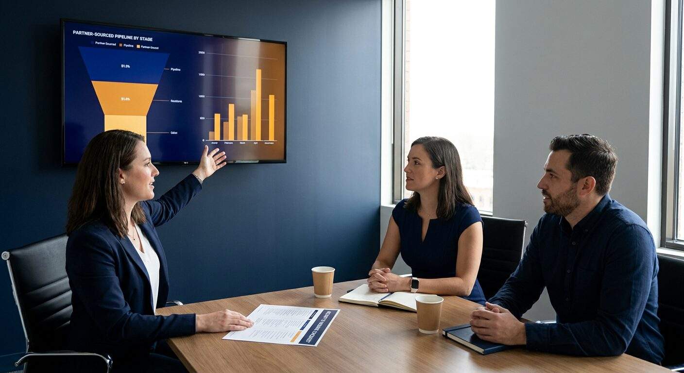 A head of partnerships running a Monday program review with a partner manager and a sales ops lead, a wall monitor showing partner-sourced pipeline by stage and a printed recruit-to-measure checklist on the table, deep navy and warm amber palette