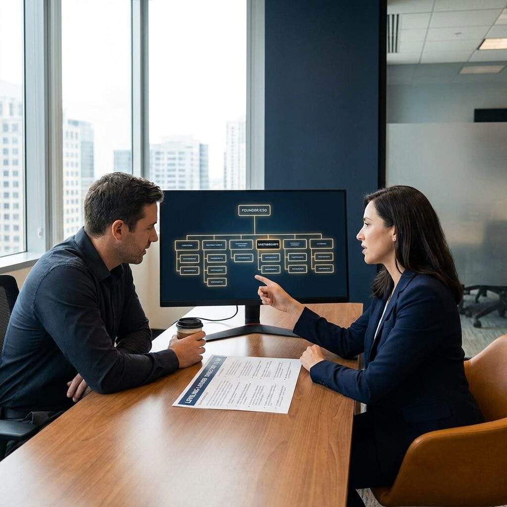 A founder and a head of partnerships seated at a desk reviewing an org chart on a monitor that shows where the partnerships role reports, a printed leveling ladder between them marked director to VP, deep navy and warm amber palette