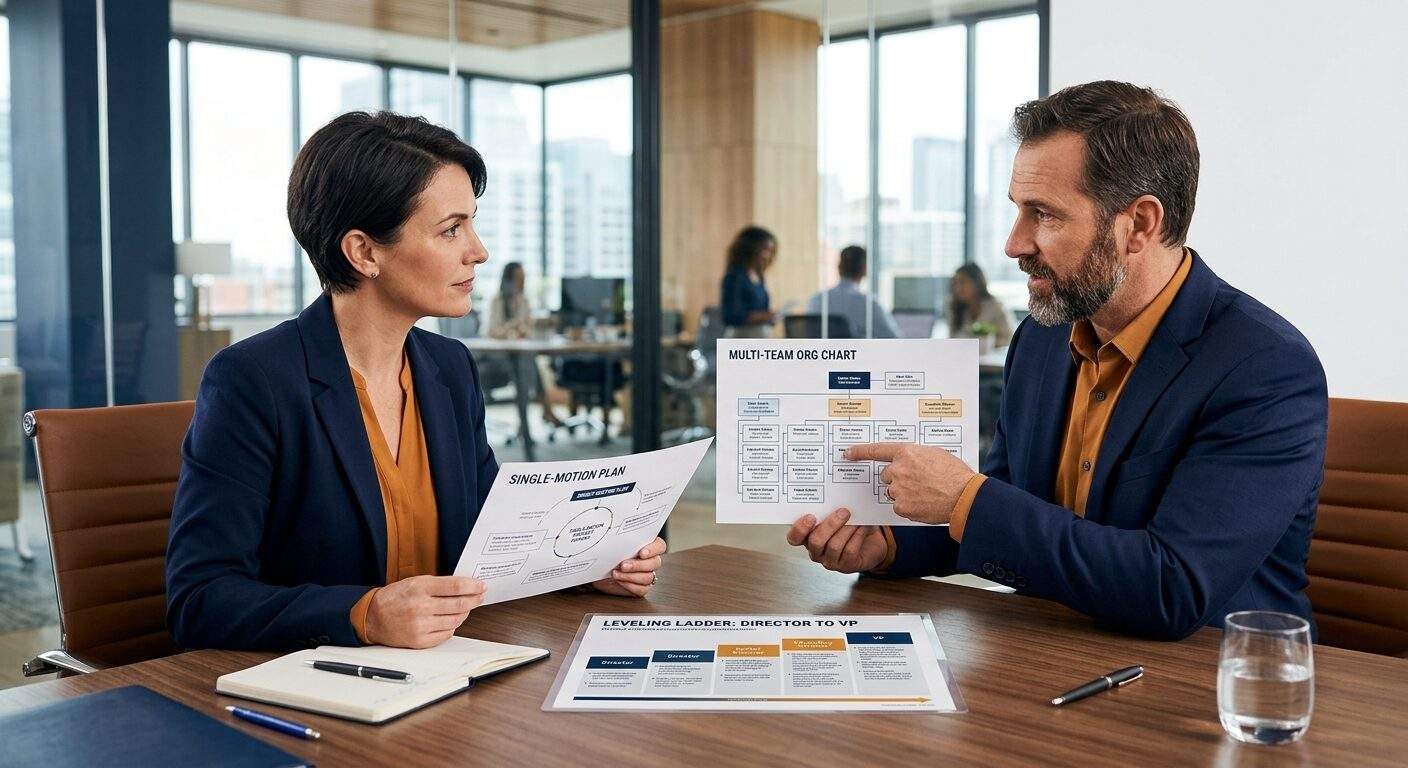 Two partnerships leaders comparing scope across a conference table, one holding a single-motion plan and the other a multi-team org chart, a printed leveling ladder between them showing director to VP, deep navy and warm amber palette