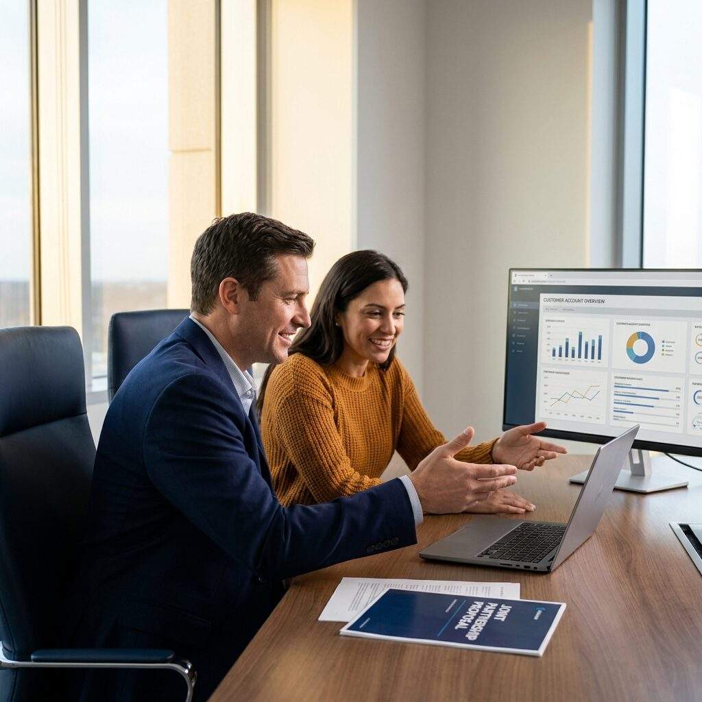 how-to-co-sell - Forecastable An account executive and a partner rep running a joint customer call, a shared screen showing the customer's account and a printed joint pitch on the desk, deep navy and warm amber palette