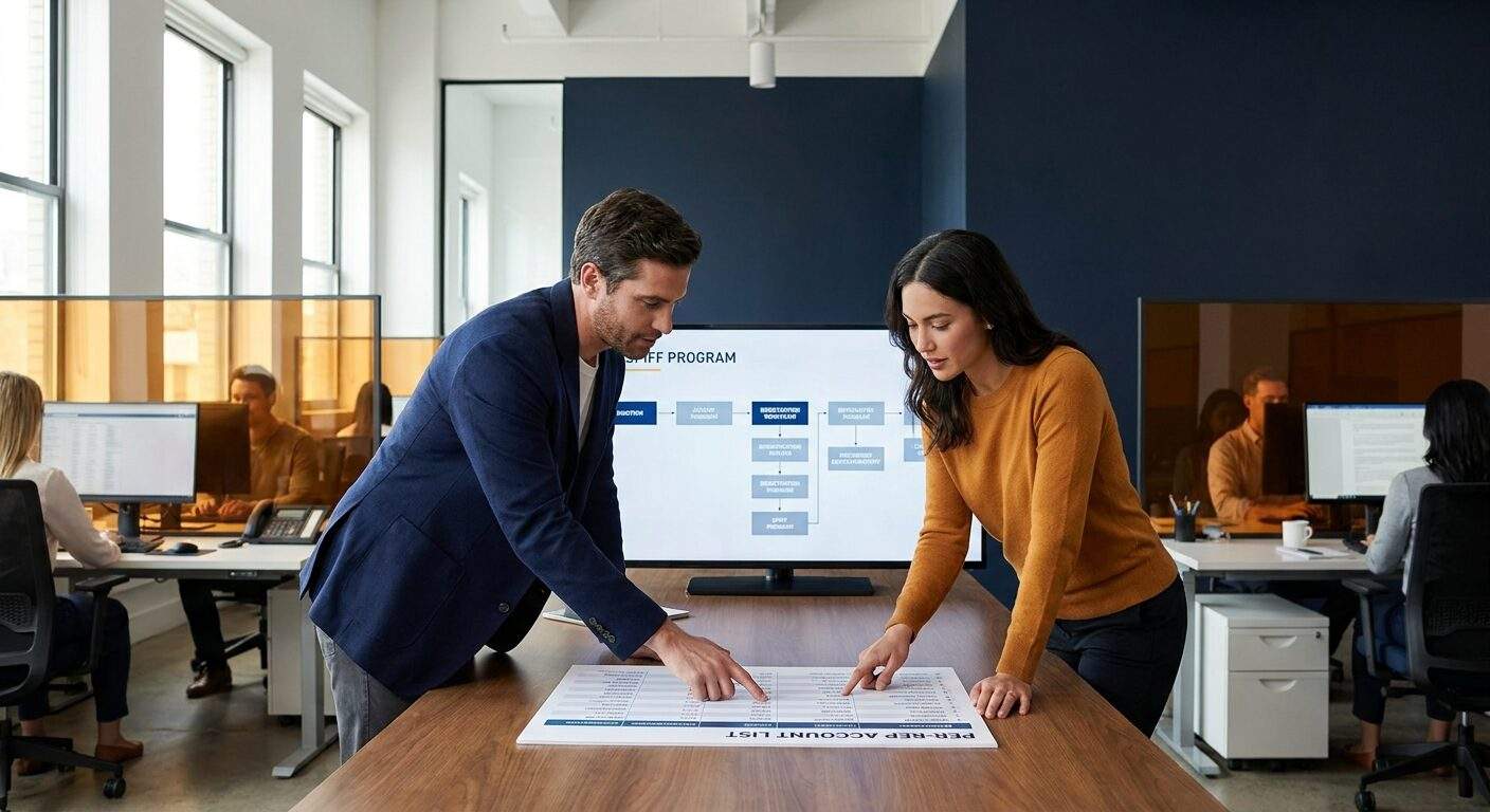 how-to-get-sales-team-to-co-sell - Forecastable A sales leader and a partnerships lead at a sales floor reviewing a per-rep account list with a recommended partner per account, a printed spiff and registration workflow on the screen behind them, deep navy and warm amber palette