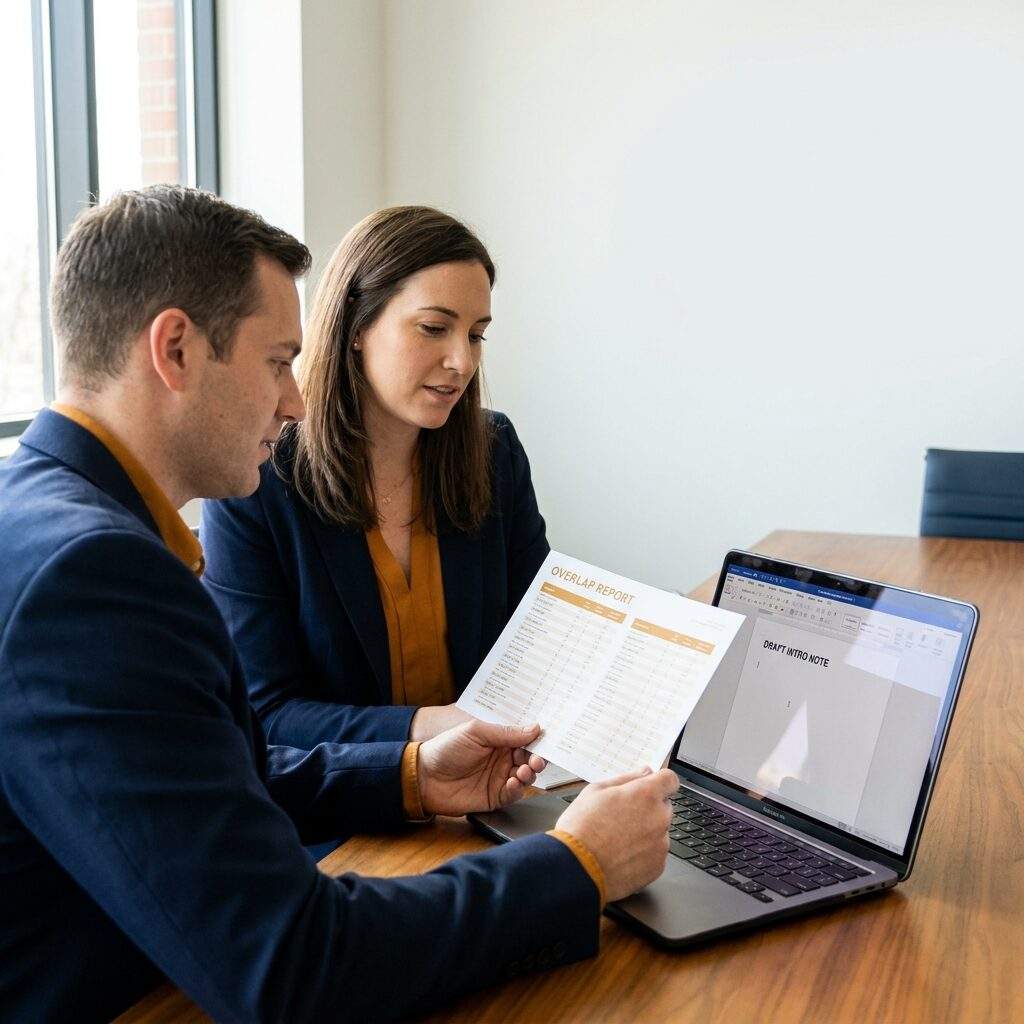 A partner manager and a partner account owner reviewing a shared account list to plan warm introductions, a printed overlap report showing matched customers and a draft intro note on the laptop, deep navy and warm amber palette