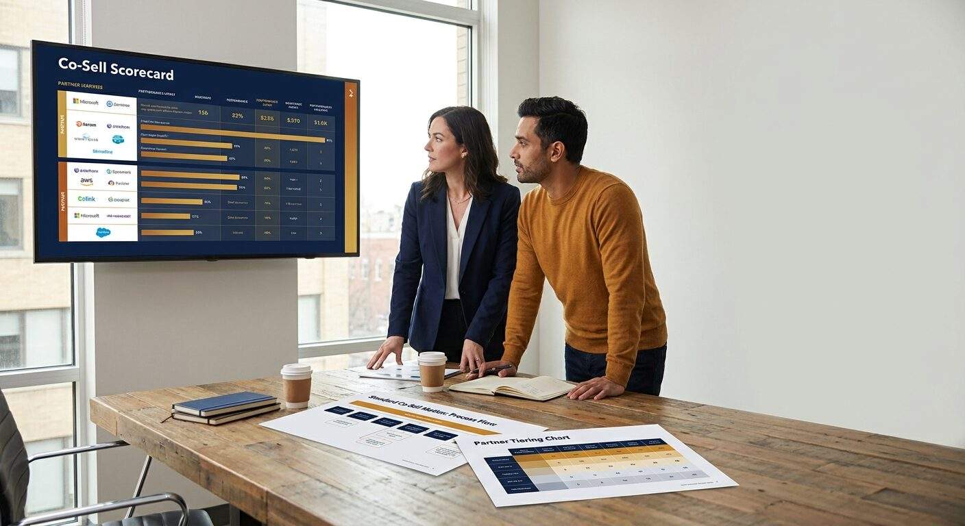 A partnerships leader and a RevOps manager at a wall monitor reviewing a co-sell scorecard across many partners, a printed standard co-sell motion and a partner tiering chart on the table, deep navy and warm amber palette