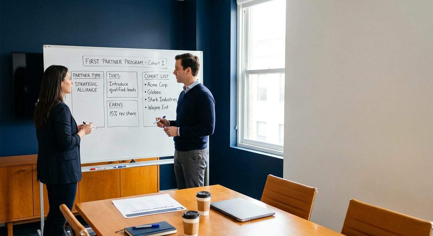 A founder and a head of partnerships at a whiteboard sketching a first partner program, the board showing one partner type, what a partner does and earns, and a first cohort list, a printed recruiting shortlist on the table, deep navy and warm amber palette
