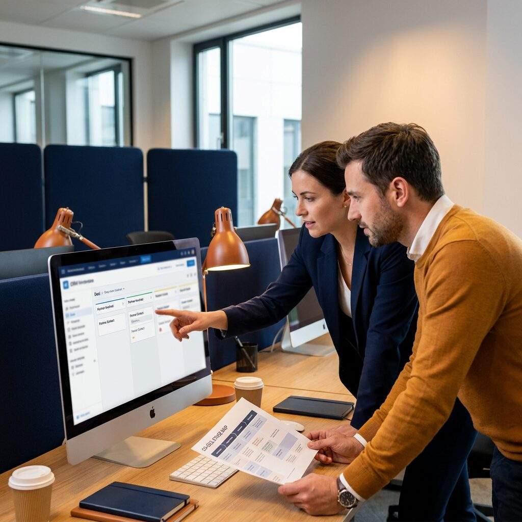 Two colleagues analyze a project on a large desktop monitor in a modern office.