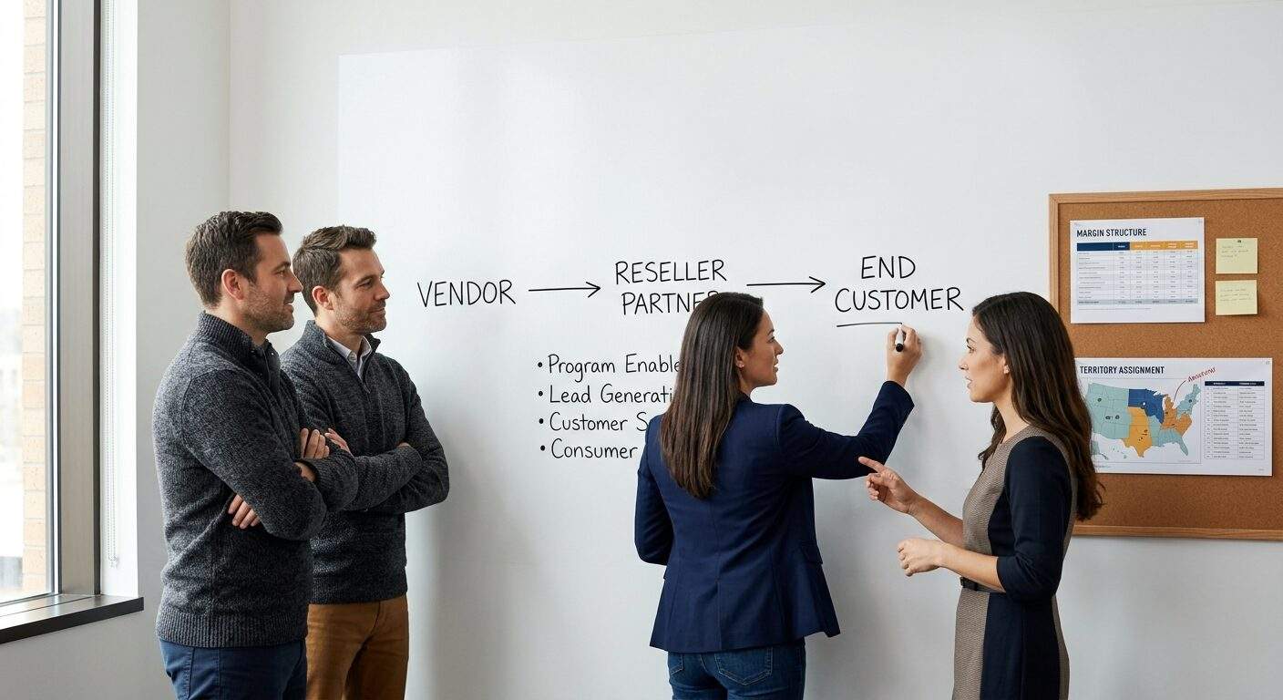 Team of four in a bright office; a woman writes on a whiteboard showing a vendor → reseller partner → end customer workflow while colleagues discuss nearby.