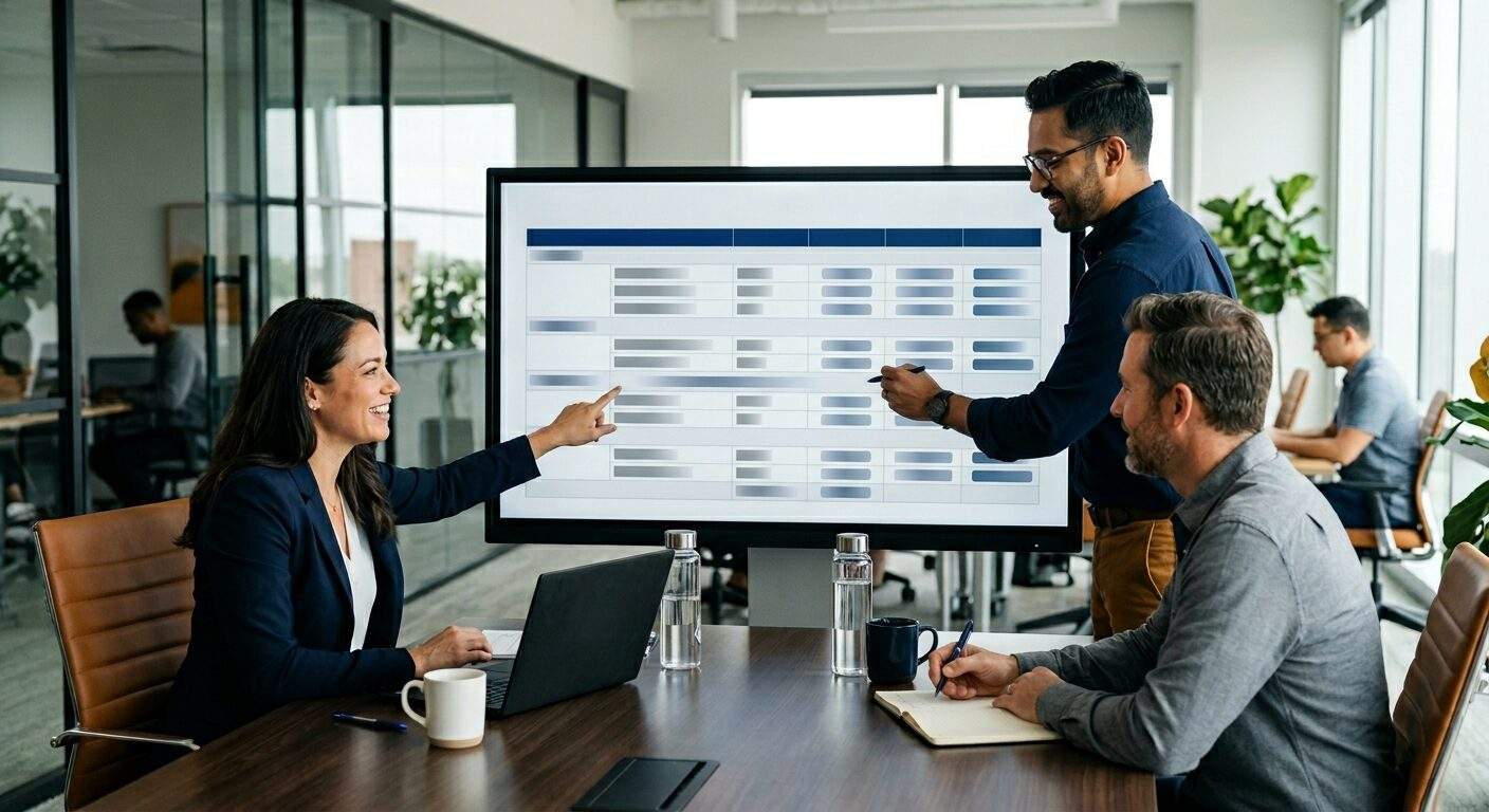 A vendor seller and a buyer building a mutual action plan on a shared screen, a dated list of joint milestones from evaluation to go-live with owners on both sides, a partner rep adding a step, deep navy and warm amber palette