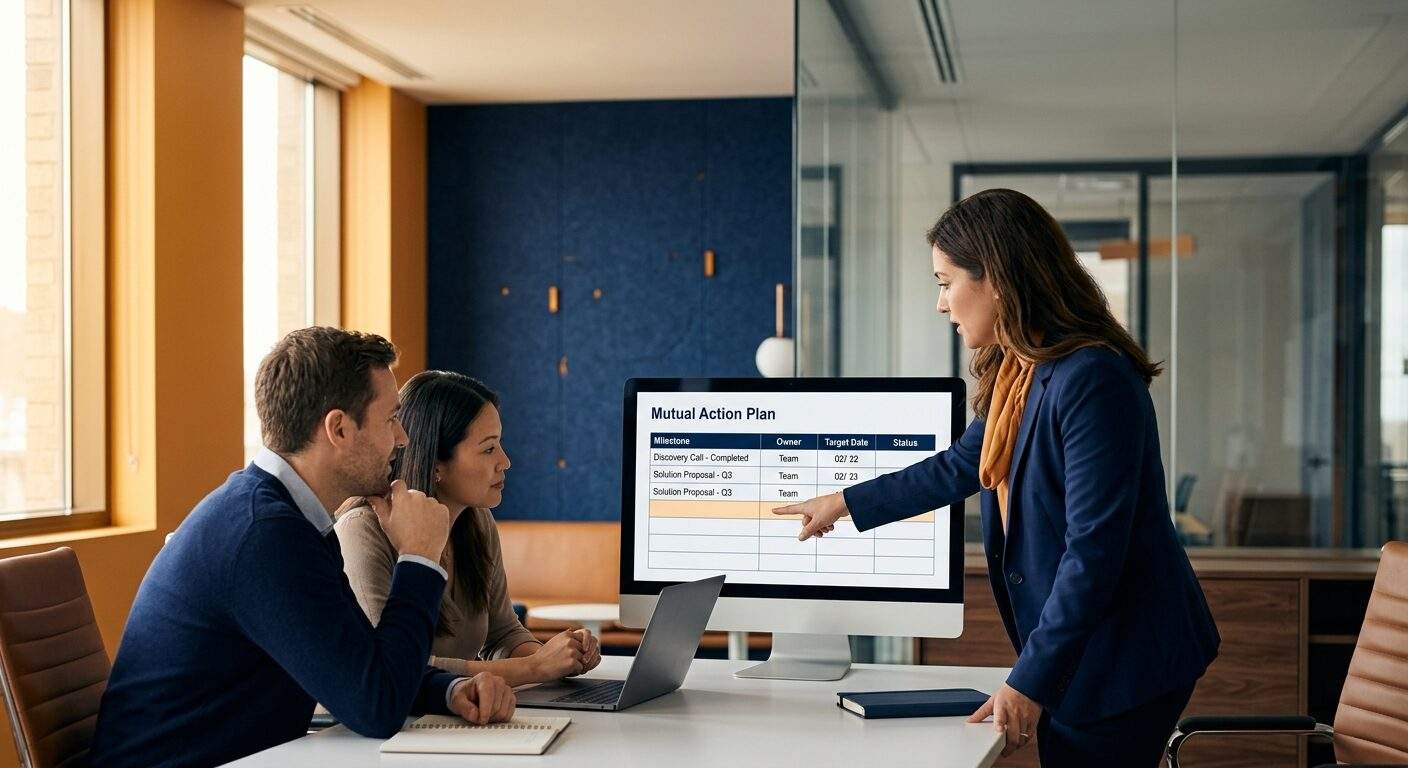 A seller and a buyer filling in a mutual action plan template on a shared screen, a structured grid of milestones, owners, and dates partly completed, a partner rep pointing at an empty row, deep navy and warm amber palette
