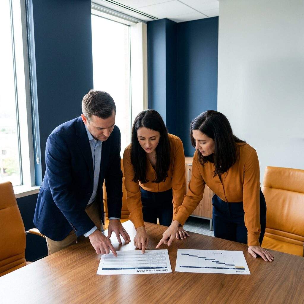 A vendor AE, a partner rep, and a buyer reviewing a mutual close plan around a table, a shared dated list of steps to signature with owners from all three sides marked, a printed timeline visible, deep navy and warm amber palette