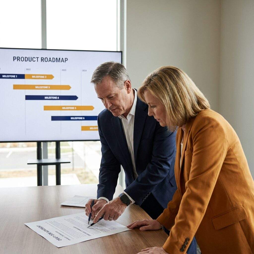 Two product and contract leaders from different companies across a conference table reviewing a draft OEM agreement, one pointing to an embedded-technology clause, a product roadmap on the screen behind them, deep navy and warm amber palette