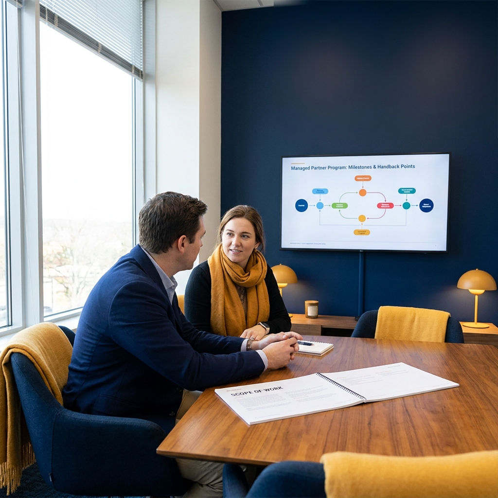 A founder and an outsourced partnerships lead reviewing a partner-as-a-service engagement on a wall monitor showing a managed partner program with milestones and handback points, a printed scope of work on the table, deep navy and warm amber palette