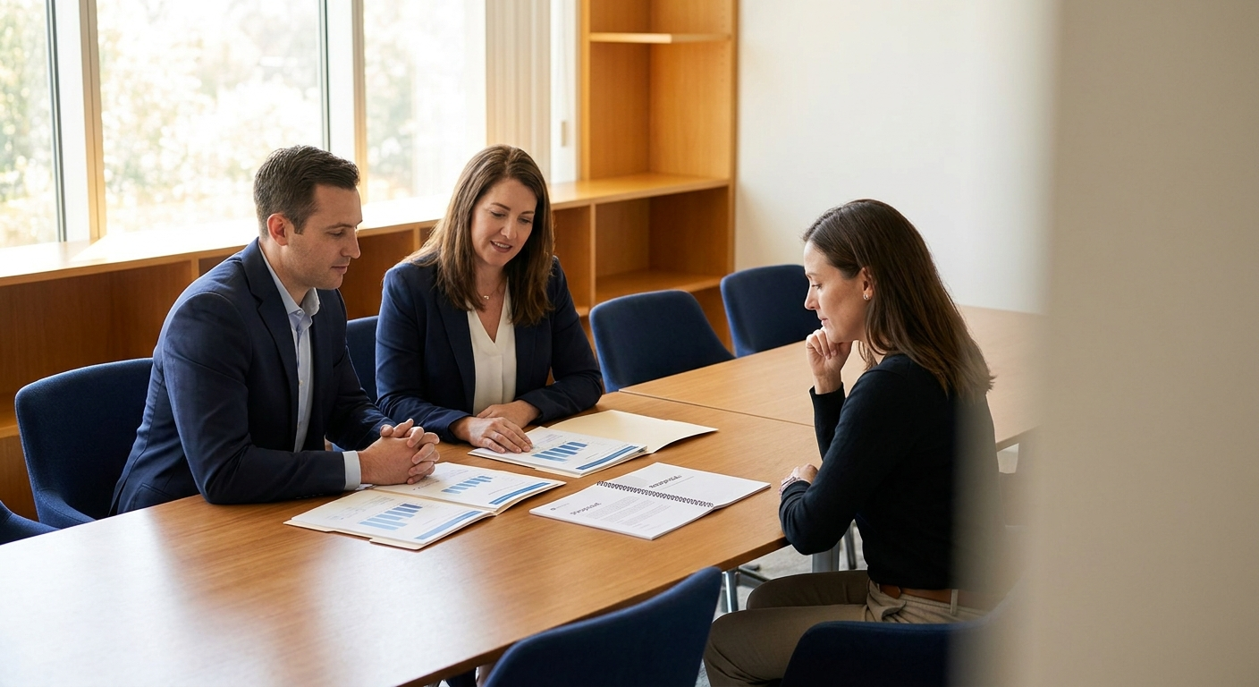 An account executive and a partner rep sitting on the same side of the table in front of a customer during a partner-assisted selling meeting, a shared account plan and printed proposal between them, deep navy and warm amber palette
