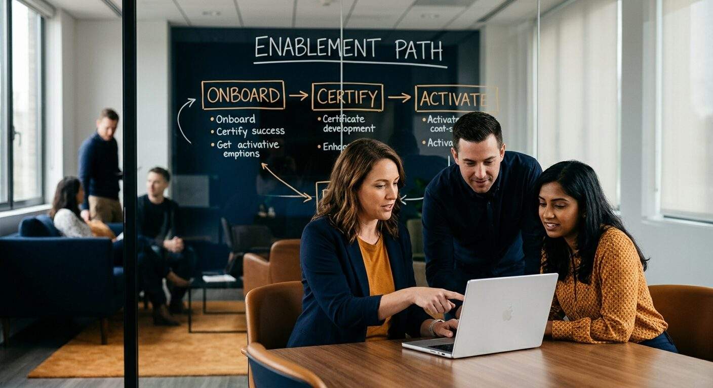 A partner enablement lead running a working session with two partner reps around a laptop, an enablement path with onboard, certify, and activate stages drawn on a glass wall behind them, deep navy and warm amber palette
