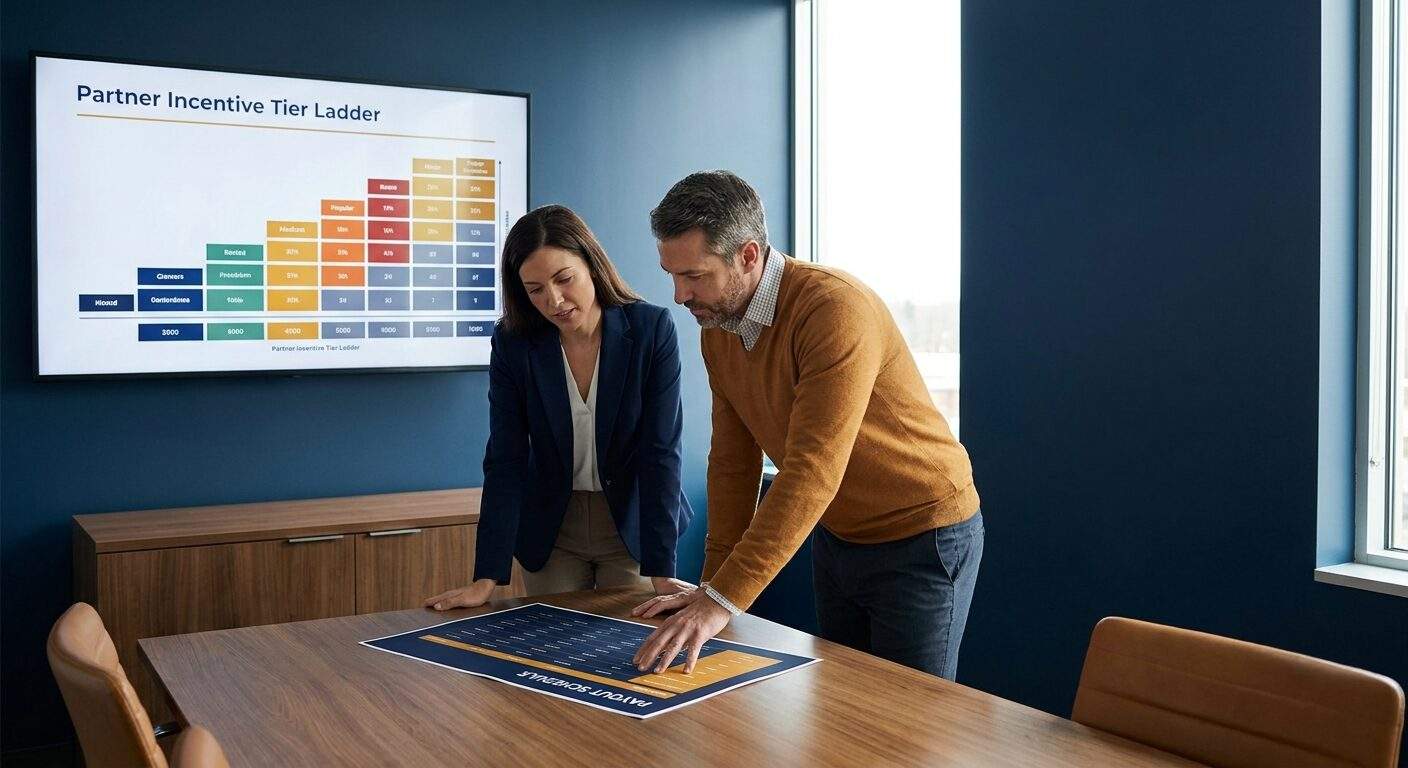 A partnerships leader and a finance partner reviewing a partner incentive programs tier ladder on a wall monitor in a conference room, a printed payout schedule on the table between them, deep navy and warm amber palette