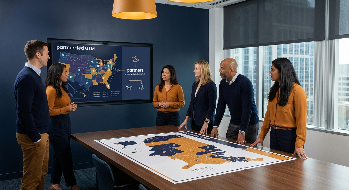 A go-to-market leadership team standing at a wall monitor that maps a partner-led GTM with partners as the primary route to market, a printed coverage map showing partner territories on the table, deep navy and warm amber palette