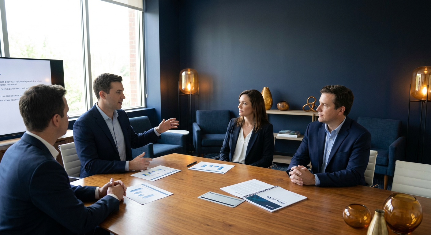 A partner sales rep leading a customer meeting with the vendor's account executive sitting in a support role beside them, a shared proposal and printed deal plan on the table, deep navy and warm amber palette