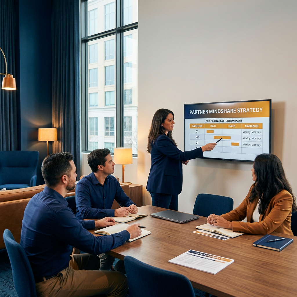 A partnerships leader walking a small team through a partner mindshare strategy on a wall monitor showing a per-partner attention plan with cadence dates, a printed target-partner list on the table, deep navy and warm amber palette