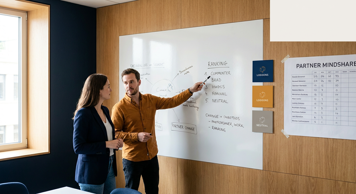 A partner manager and a reseller account executive at a whiteboard ranking which vendor gets the first call on a new deal, a partner mindshare scoreboard with three competing logos taped beside them, deep navy and warm amber palette