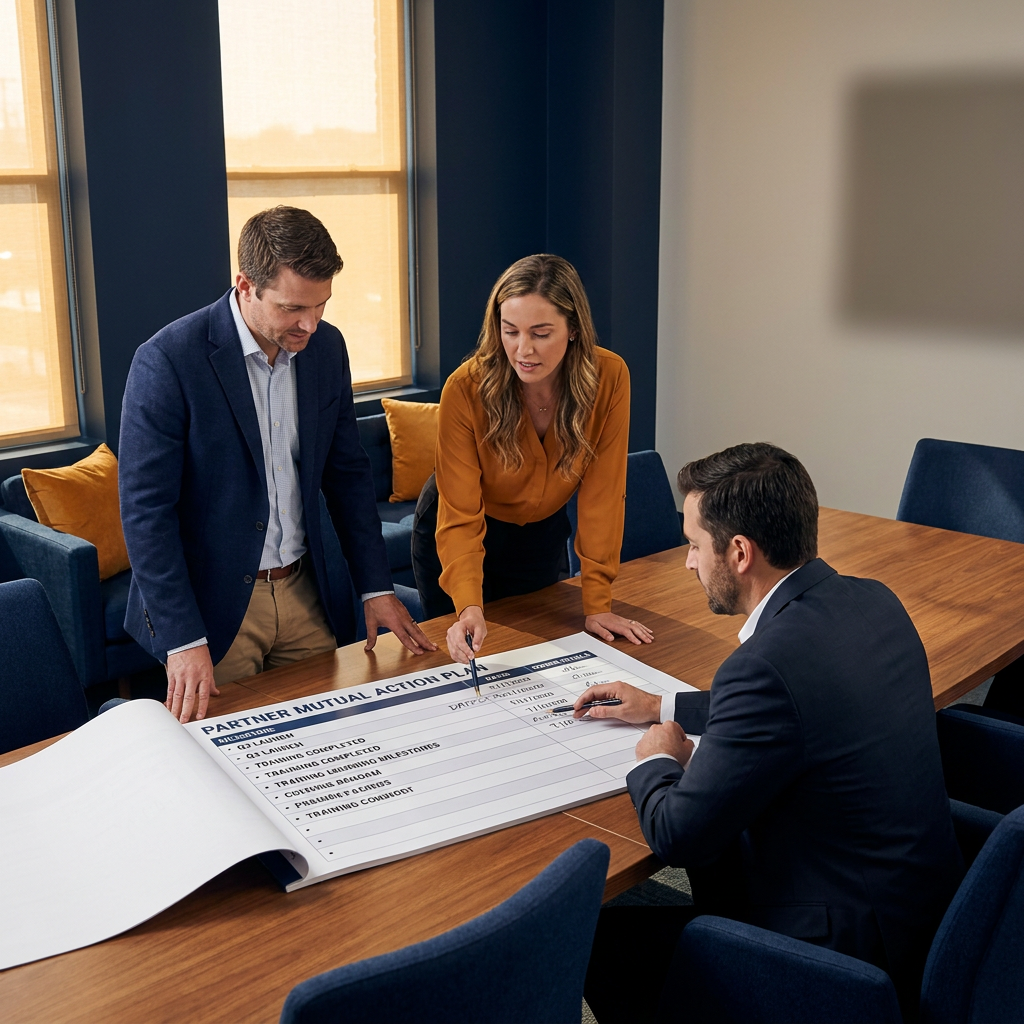 A vendor partner manager and a partner account executive sitting with a customer sponsor, walking through a printed partner mutual action plan with dated milestones and owner initials on a shared table, deep navy and warm amber palette