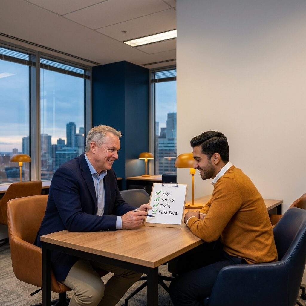A partnerships manager welcoming a new partner rep at a desk, walking through a printed onboarding checklist with sign, set up, train, and first deal stages ticked off, deep navy and warm amber palette