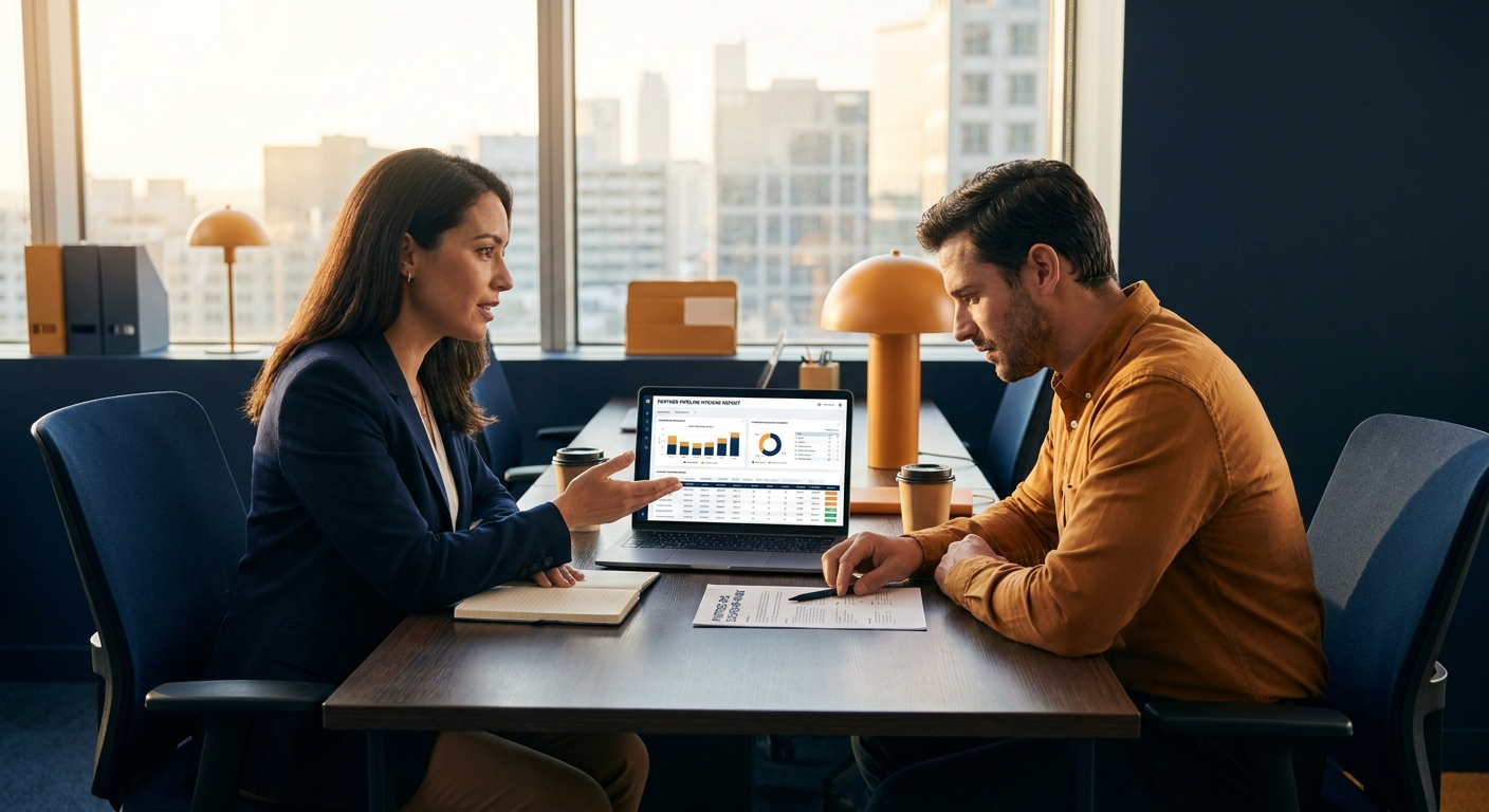A fractional partner operations specialist screen-sharing a partner pipeline hygiene report with an in-house partnerships lead at a desk, a printed partner ops scope-of-work between them, deep navy and warm amber palette