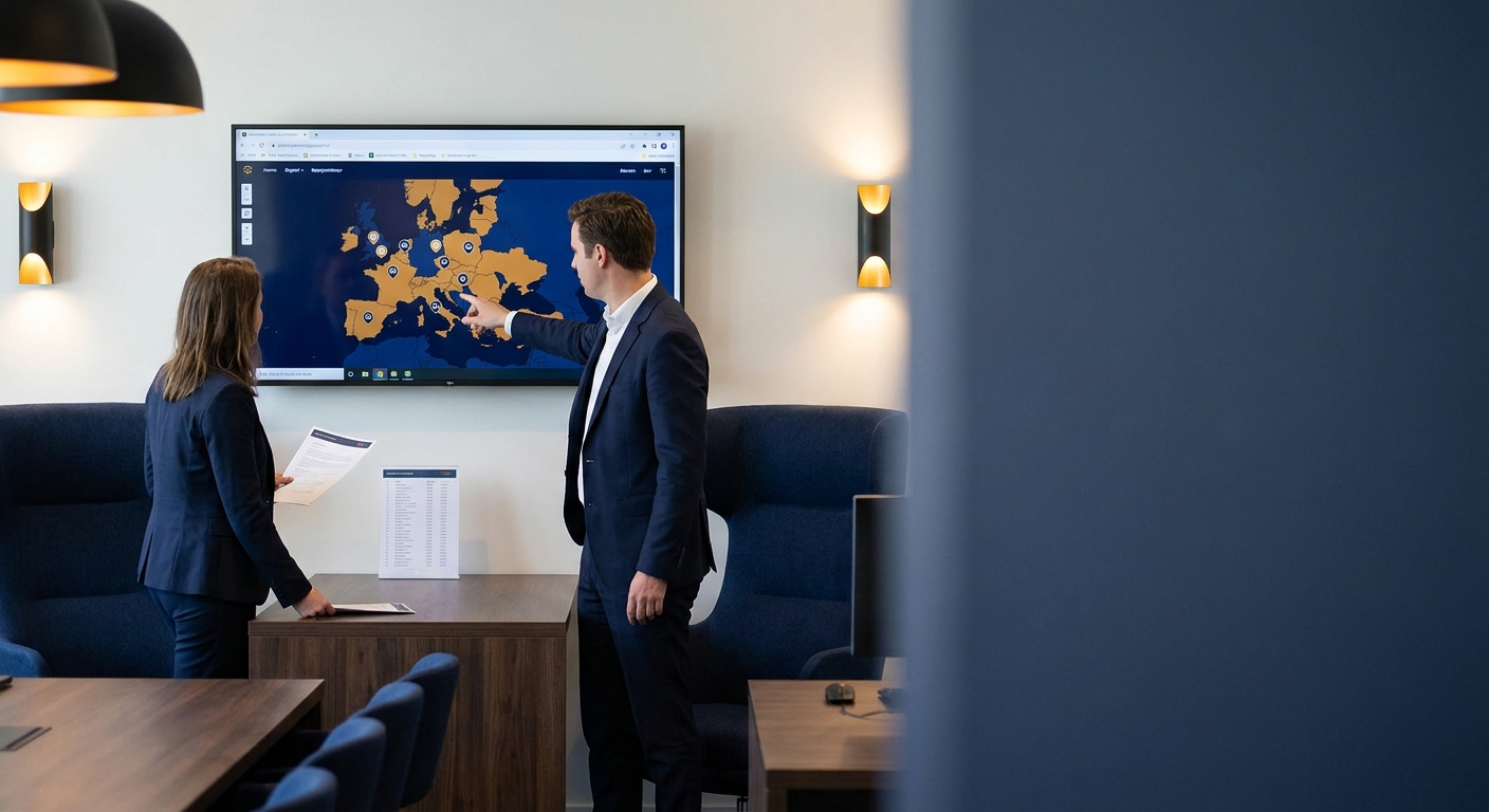 A partner manager and a sales rep reviewing a partner overlap map on a wall monitor showing shared and net-new accounts highlighted between two company logos, a printed shared-account list on the table, deep navy and warm amber palette