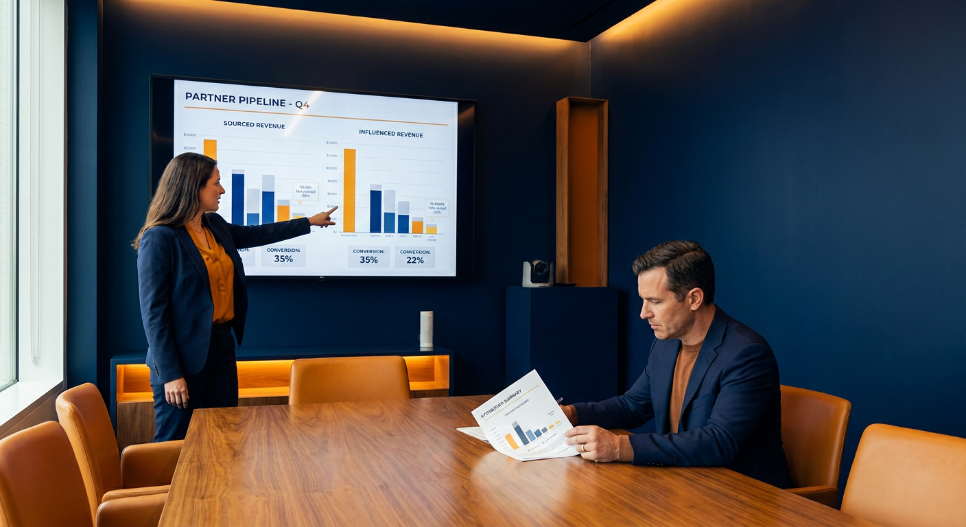 A partnerships leader presenting a partner pipeline for the CFO on a wall monitor showing sourced versus influenced revenue with conversion rates, the finance chief reviewing a printed attribution summary across the table, deep navy and warm amber palette