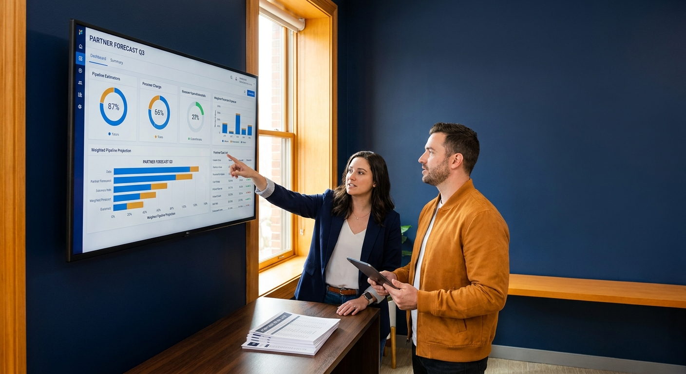 A revenue operations analyst walking a partnerships leader through a partner pipeline forecast on a wall monitor showing stage-by-stage conversion rates and a weighted projection, a printed partner deal list on the desk, deep navy and warm amber palette