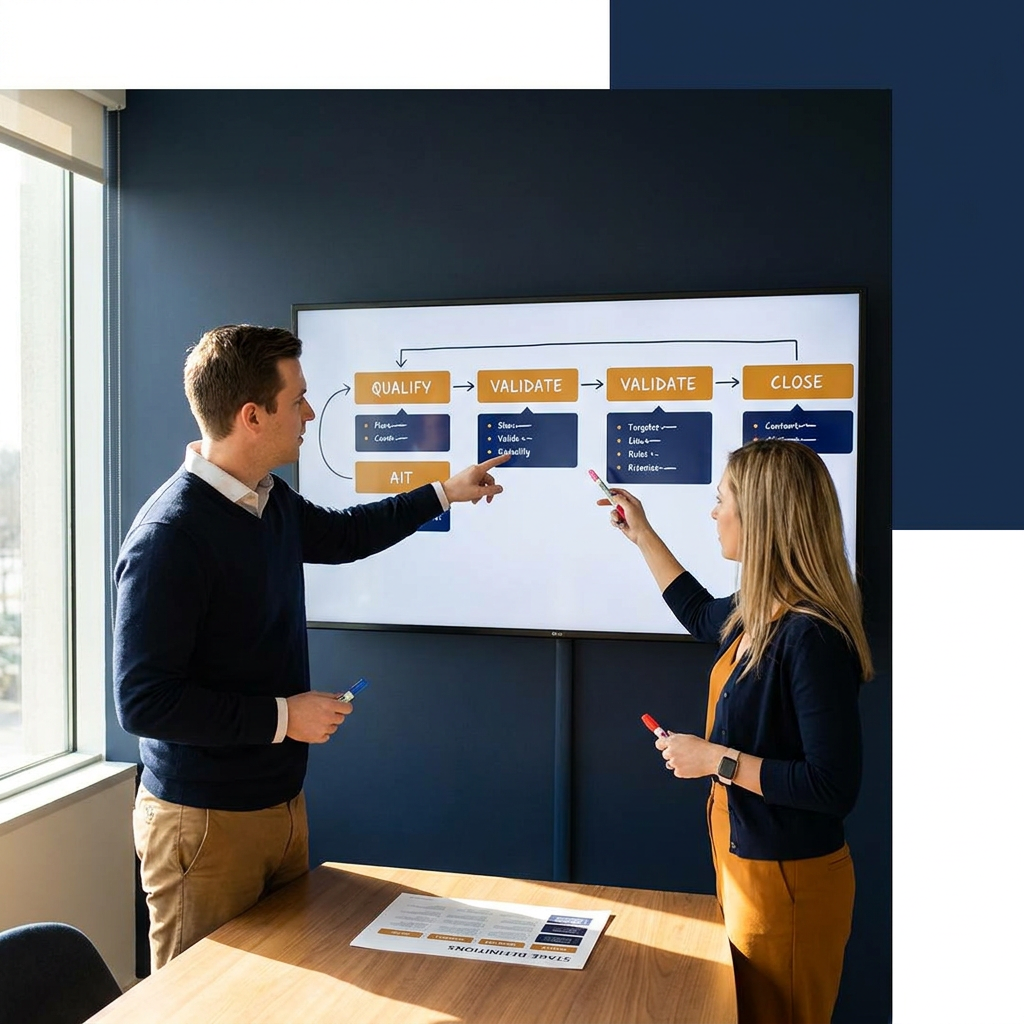 A partner manager and a sales operations lead mapping partner pipeline stages on a wall monitor with exit criteria listed under each stage, a printed stage definition sheet on the table between them, deep navy and warm amber palette