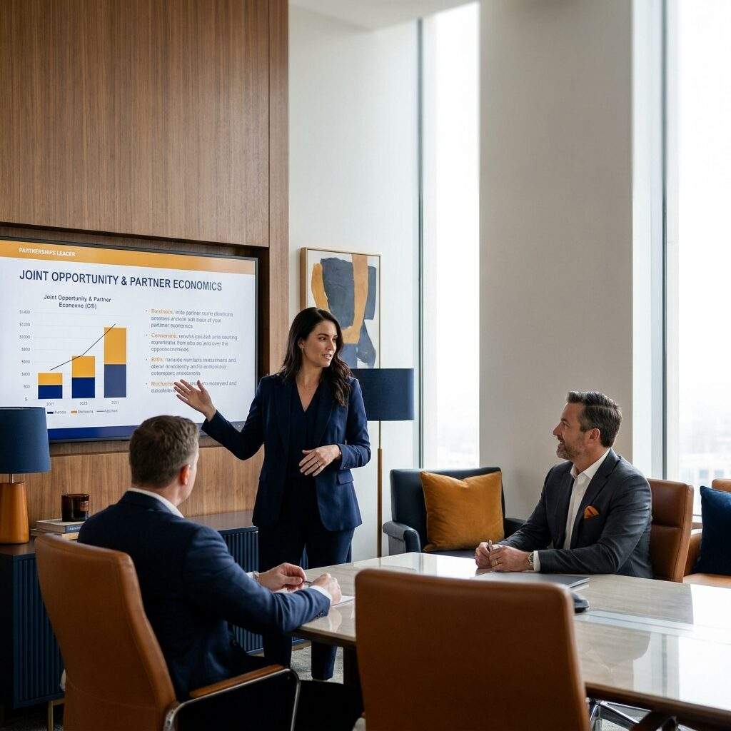 A partnerships leader presenting a partner pitch deck to two prospective partner executives in a meeting room, a slide showing the joint opportunity and partner economics on the screen, deep navy and warm amber palette