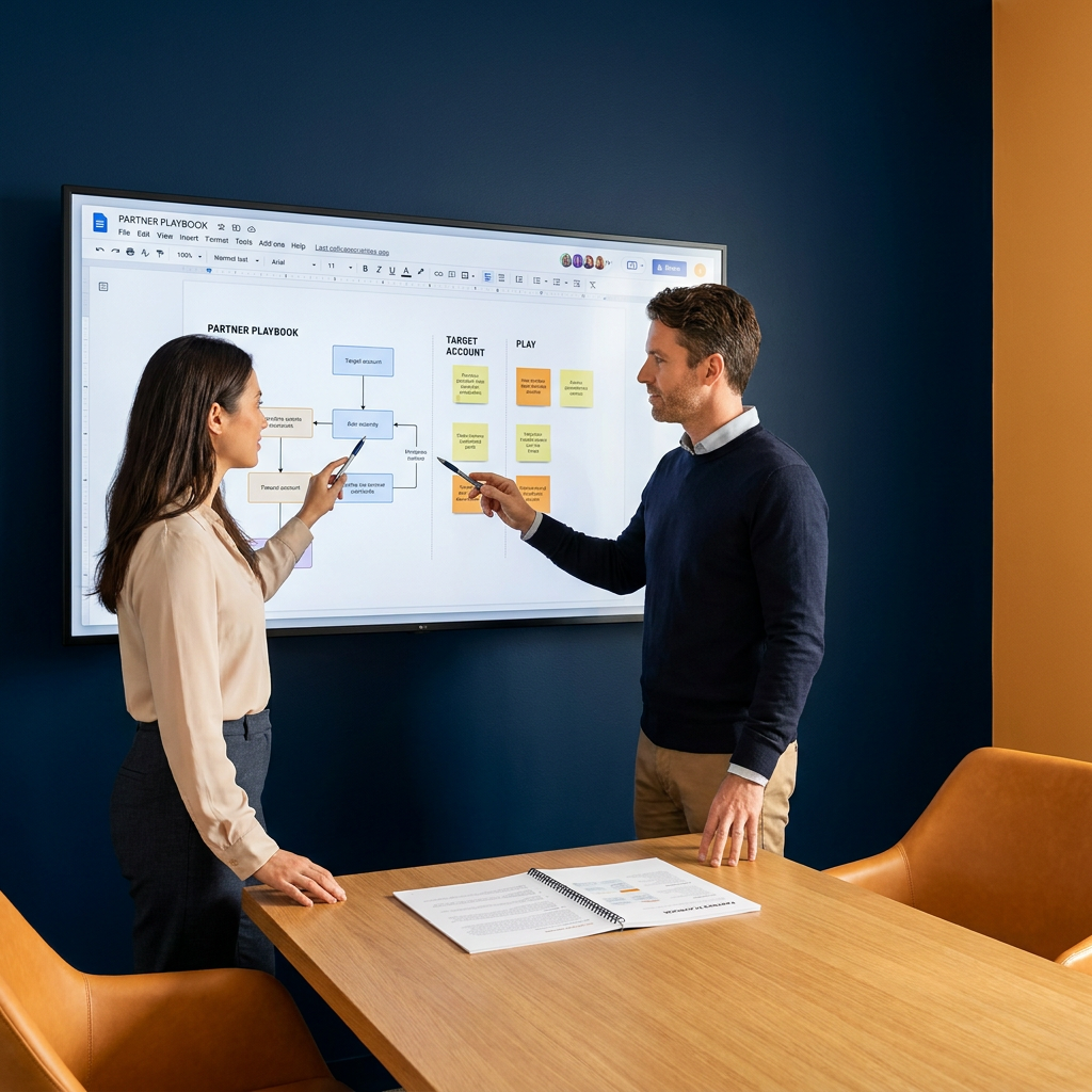 Two professionals discuss a flowchart on a large wall-mounted screen in a conference room, pointing with pens at sticky-note diagrams.