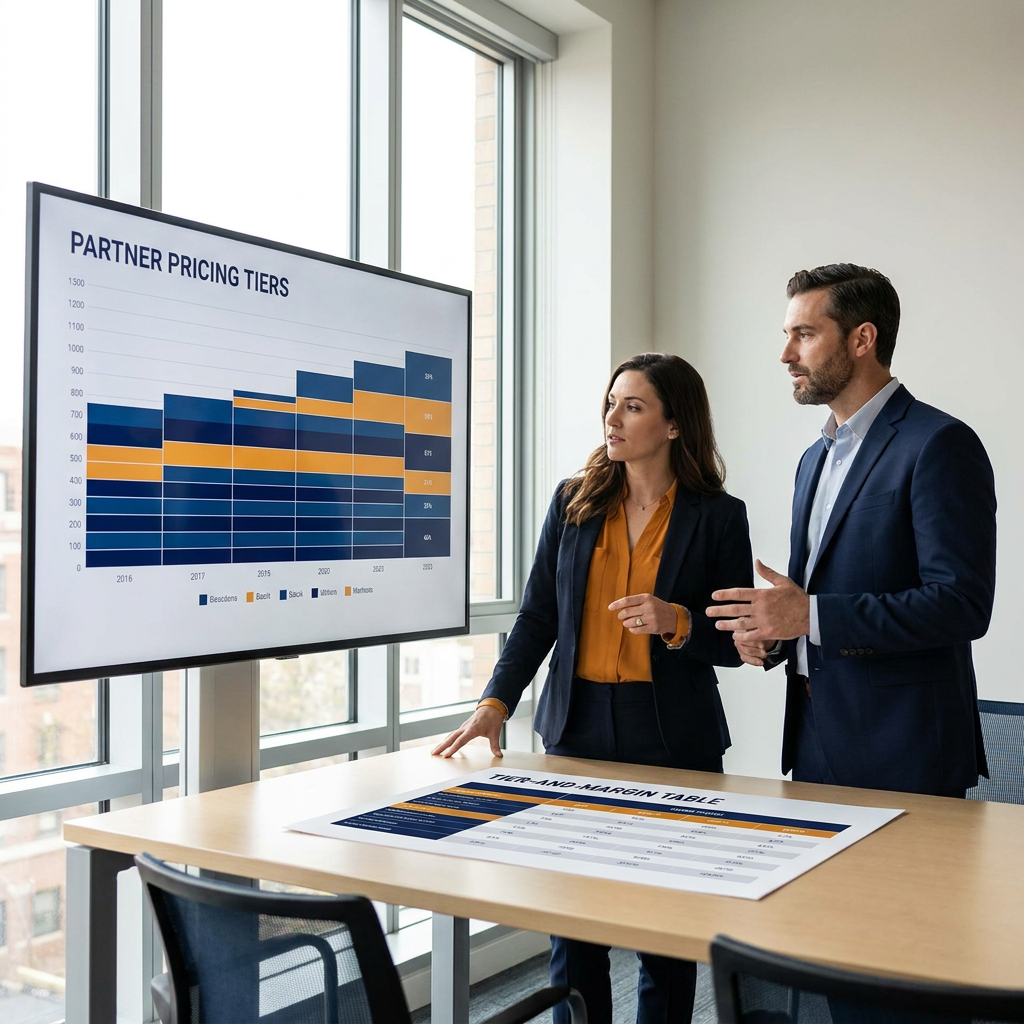 A partnerships leader and a finance partner reviewing a partner pricing tiers ladder on a wall monitor showing margin bands by tier, a printed tier-and-margin table on the desk between them, deep navy and warm amber palette