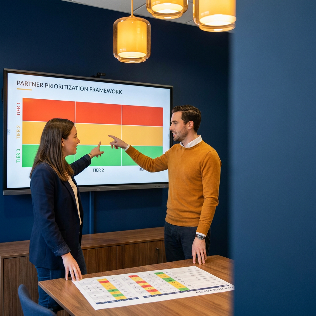 A partnerships leader and an RevOps analyst ranking partners on a wall monitor showing a scored partner prioritization framework with tier bands, a printed partner roster with weighted scores on the table, deep navy and warm amber palette