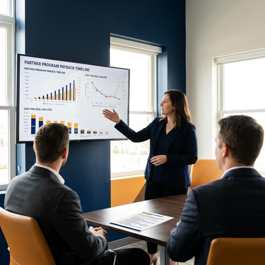 A head of partnerships presenting a partner program business case to a CFO on a wall monitor showing a payback timeline and cost-per-deal chart, a printed one-page investment summary on the table between them, deep navy and warm amber palette