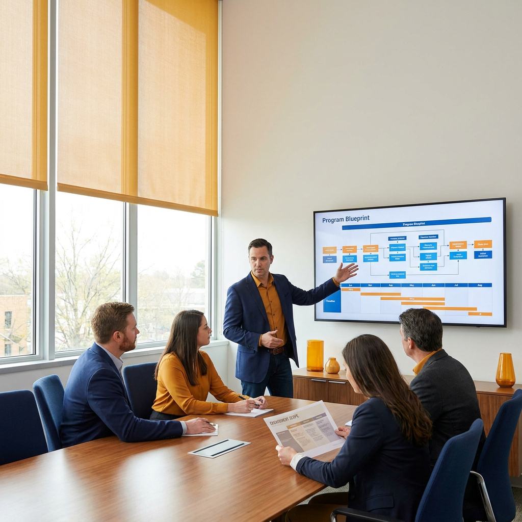 A partner program design consultant facilitating a working session with a client partnerships team on a wall monitor showing a program blueprint and milestone plan, a printed engagement scope on the table, deep navy and warm amber palette
