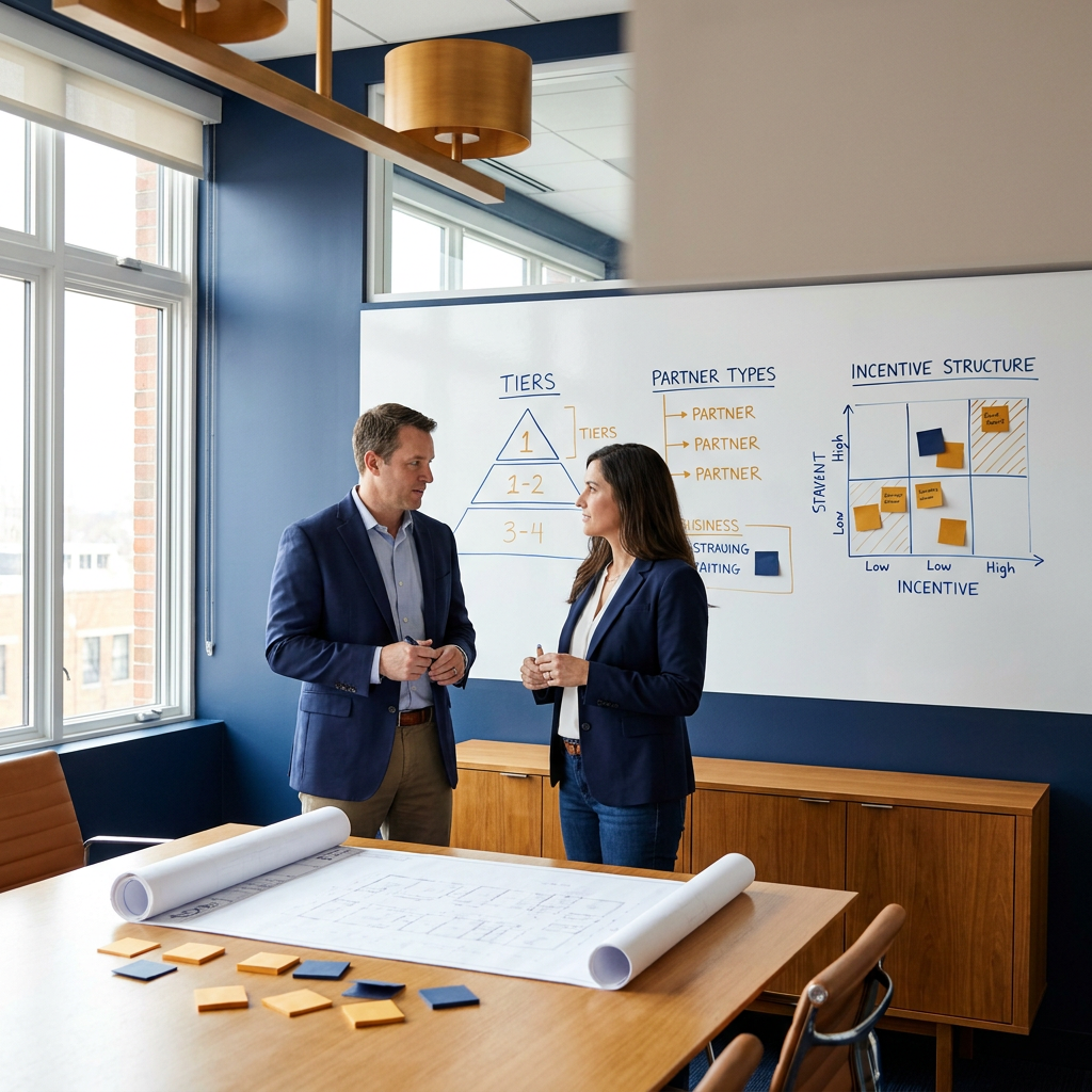 Two partnerships leaders designing a partner program on a wall whiteboard showing tiers, partner types, and an incentive structure, a printed program blueprint and sticky notes on the table, deep navy and warm amber palette