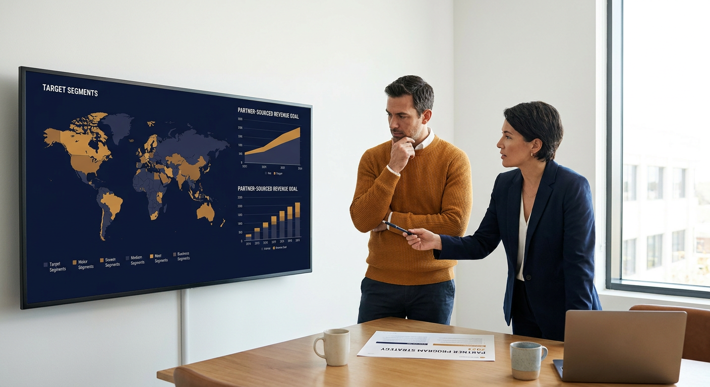 A CRO and head of partnerships setting partner program strategy on a wall monitor showing a target-segment map and a partner-sourced revenue goal, a printed one-page strategy on the table between them, deep navy and warm amber palette