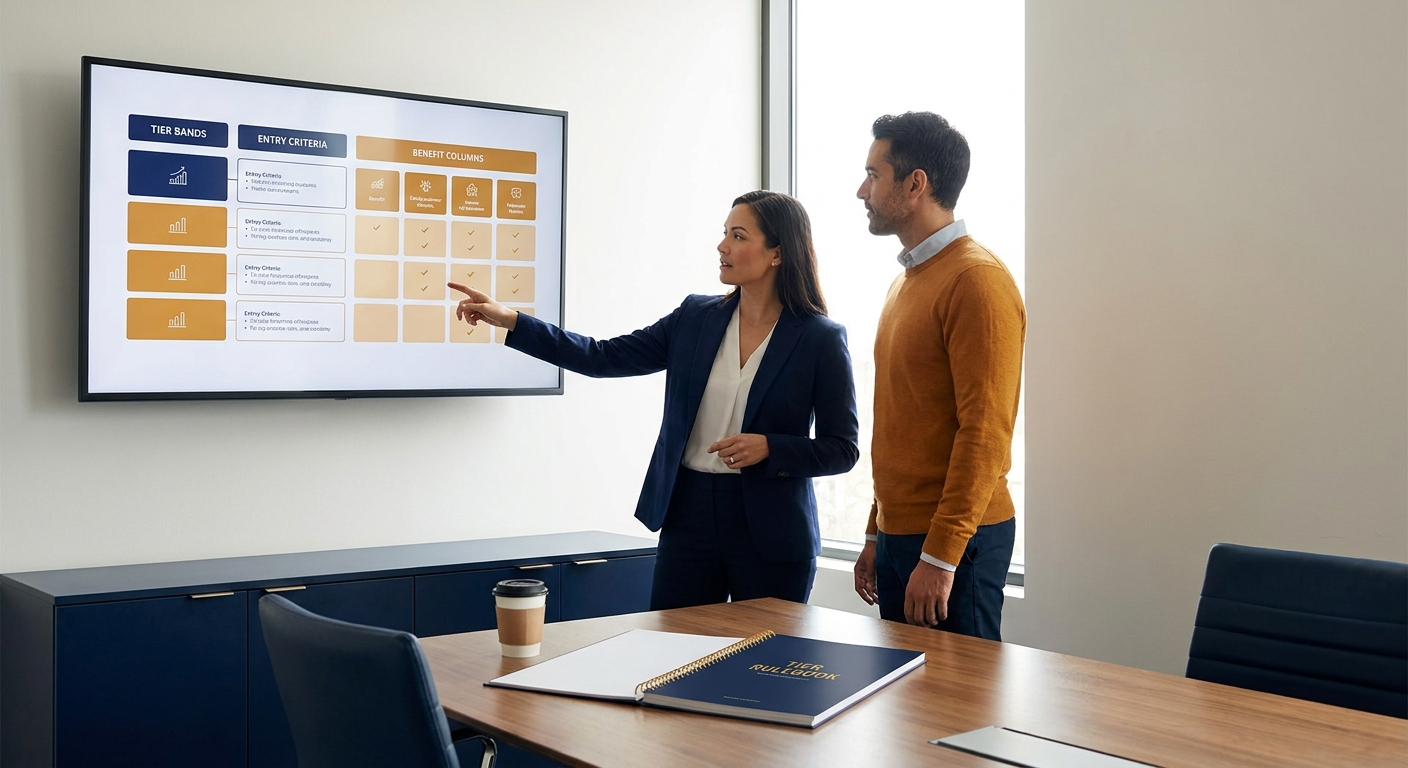 A partnerships operations lead walking a colleague through a partner program structure on a wall monitor showing tier bands, entry criteria, and benefit columns, a printed tier rulebook on the table, deep navy and warm amber palette