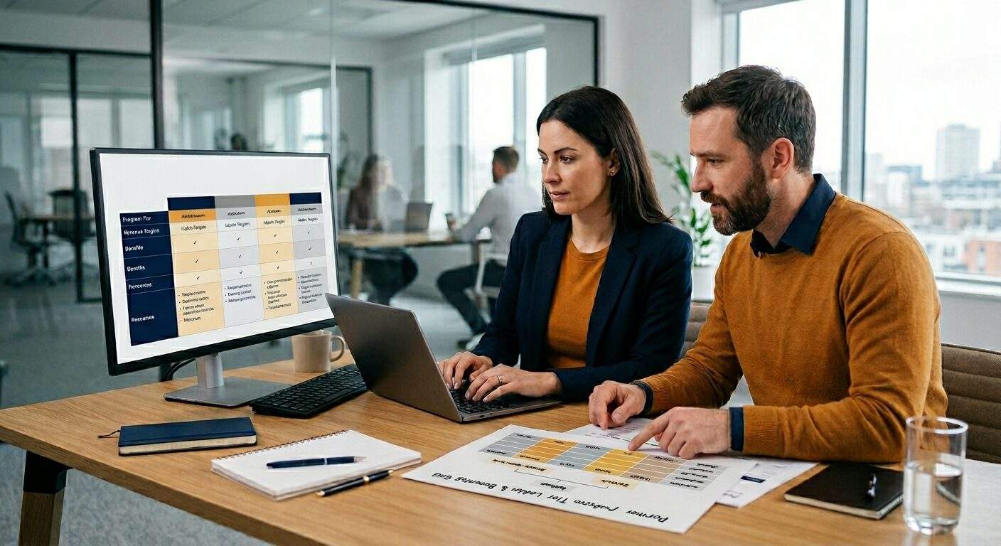 A partnerships leader and an operations colleague at a desk filling in a partner program template on screen, a printed tier ladder and benefits grid laid out between them, deep navy and warm amber palette