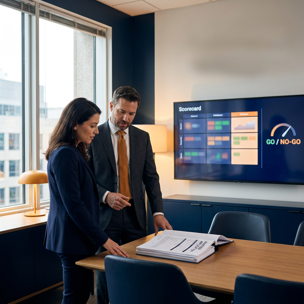 A partner manager and a sales leader running partner qualification on a wall monitor showing a scorecard with fit criteria and a go/no-go decision, a printed partner application on the table between them, deep navy and warm amber palette