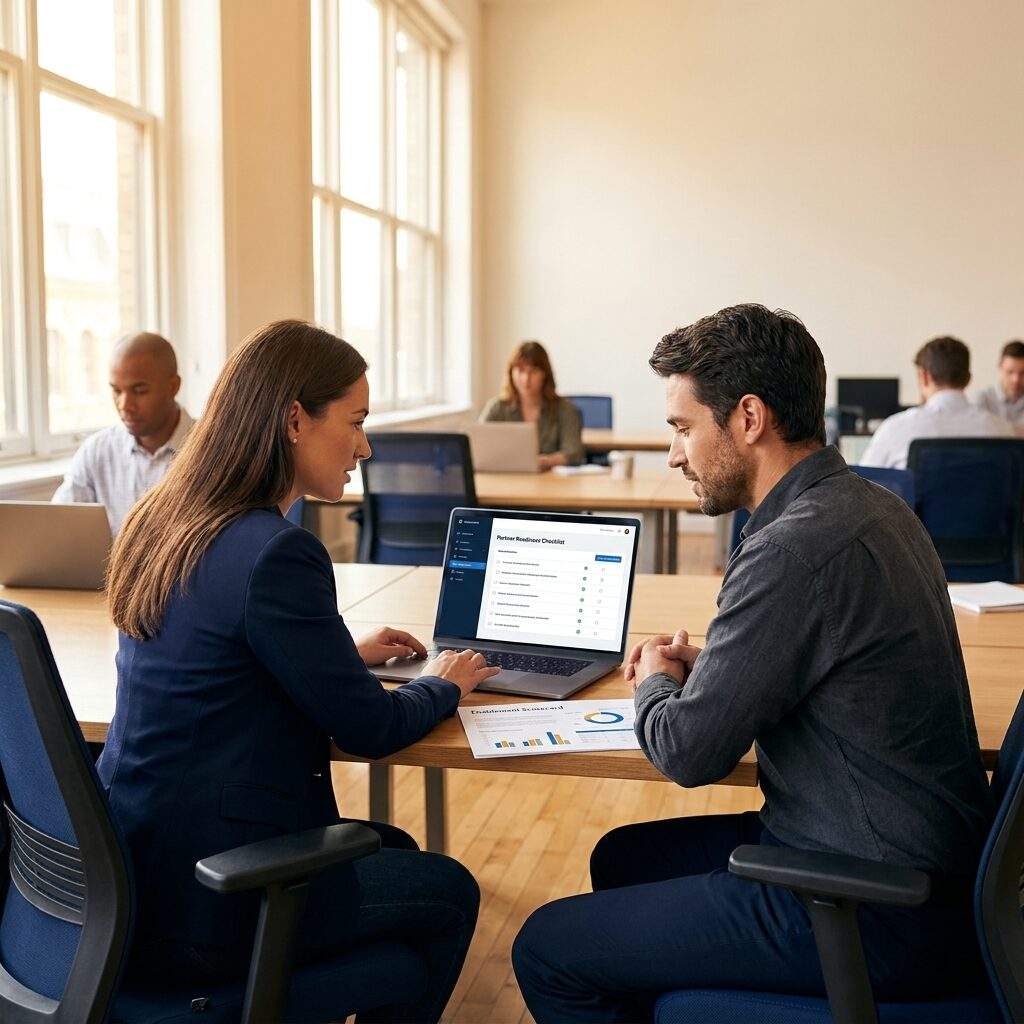 A partner manager and a new partner's sales lead walking through a partner readiness checklist on a laptop in an open office, a printed enablement scorecard with green and amber rows on the desk, deep navy and warm amber palette