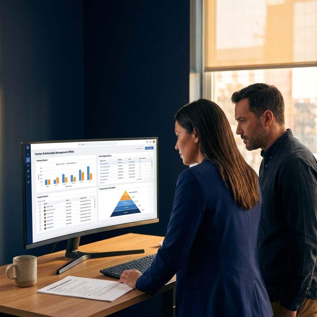 A partner operations lead and a channel manager at a monitor walking through a partner relationship management workflow, the screen showing a partner roster, deal registrations, and a tier ladder, a printed onboarding checklist on the table, deep navy and warm amber palette