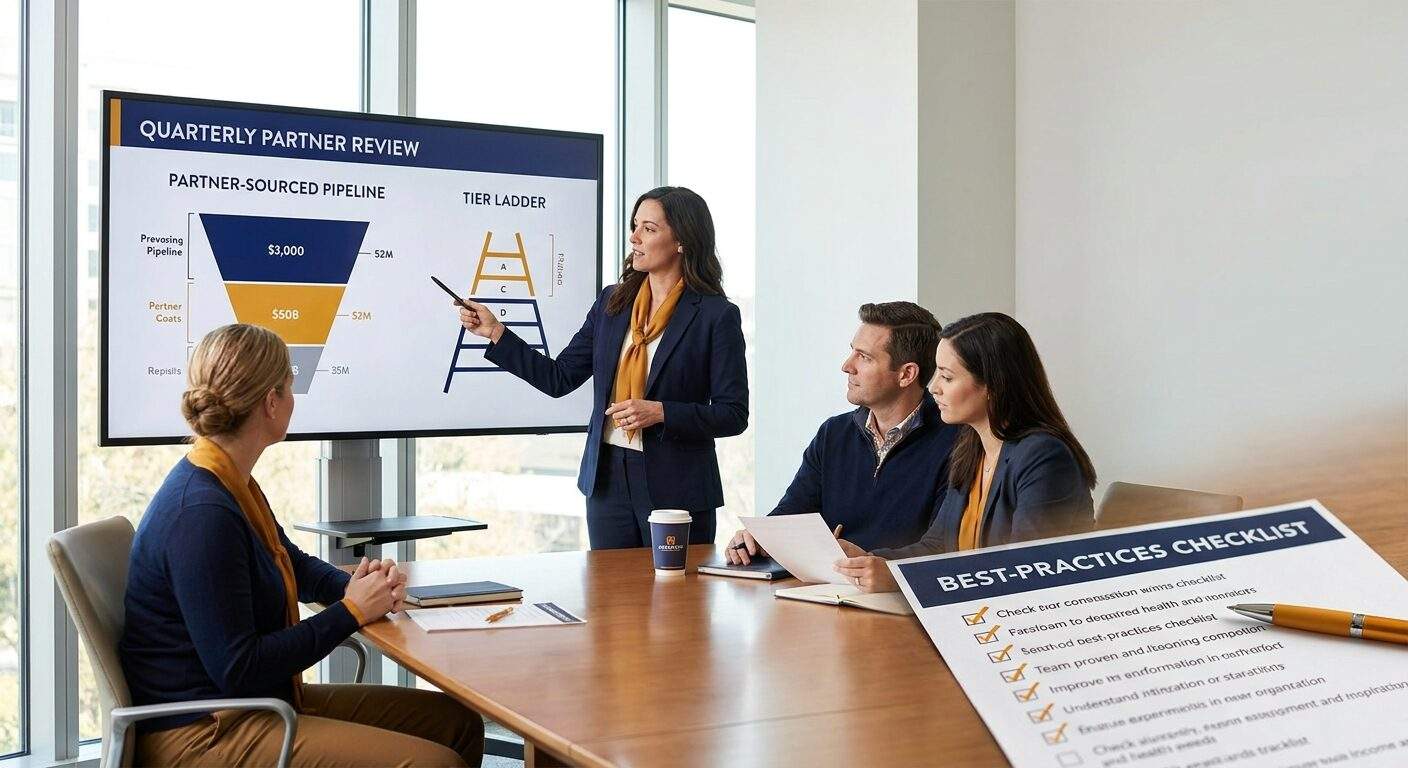 A partnerships leader running a quarterly partner review with two managers, a wall monitor showing partner-sourced pipeline and a tier ladder, a printed best-practices checklist on the table being marked off, deep navy and warm amber palette