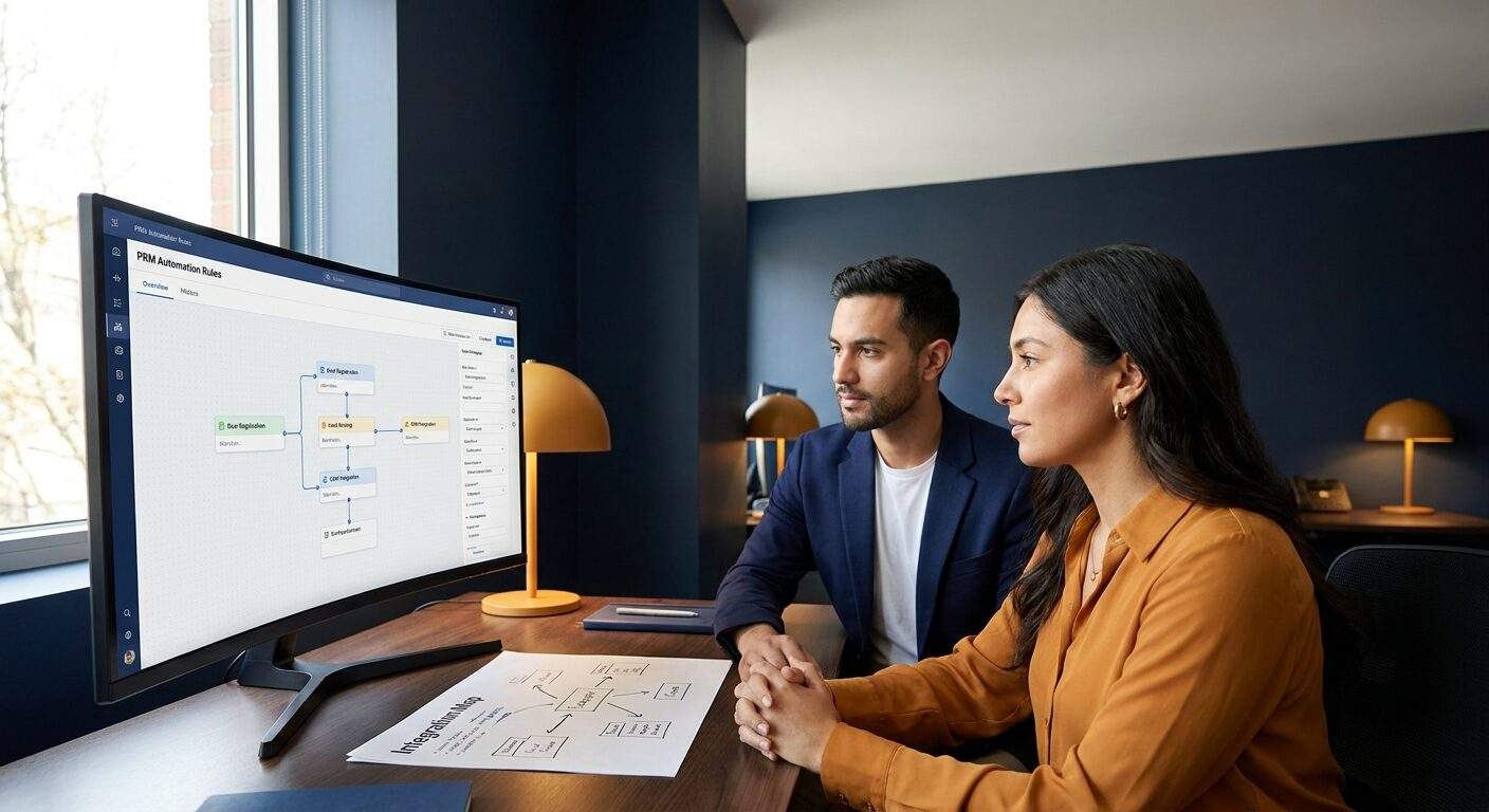 A RevOps engineer and a partnerships manager configuring a partner relationship management platform on a large monitor, the screen showing automation rules wiring deal registration to the CRM, a printed integration map on the desk, deep navy and warm amber palette