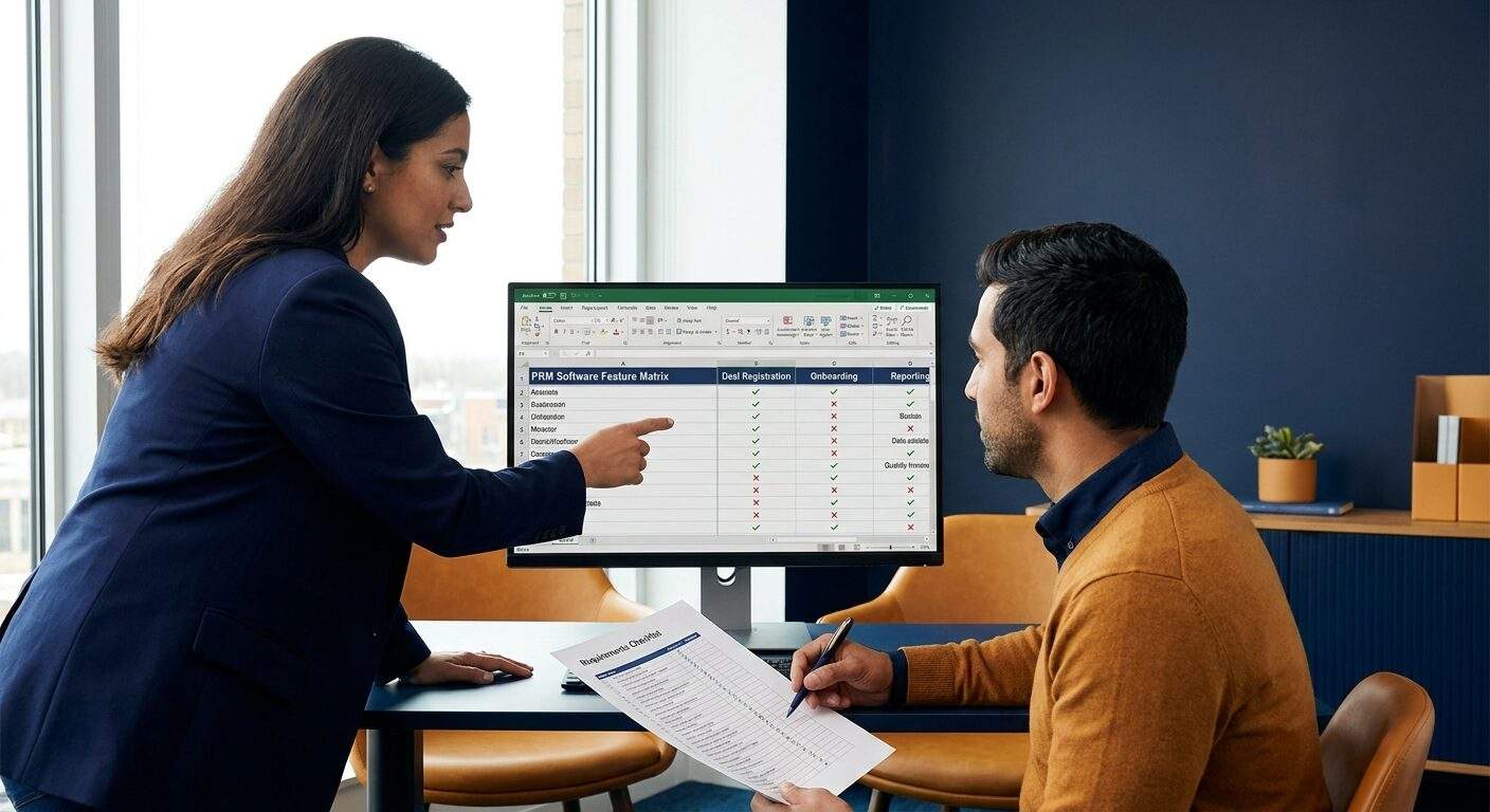A head of partnerships and a RevOps lead comparing partner relationship management software on a shared monitor, the screen showing a feature matrix of deal registration, onboarding, and reporting, a printed requirements checklist between them, deep navy and warm amber palette