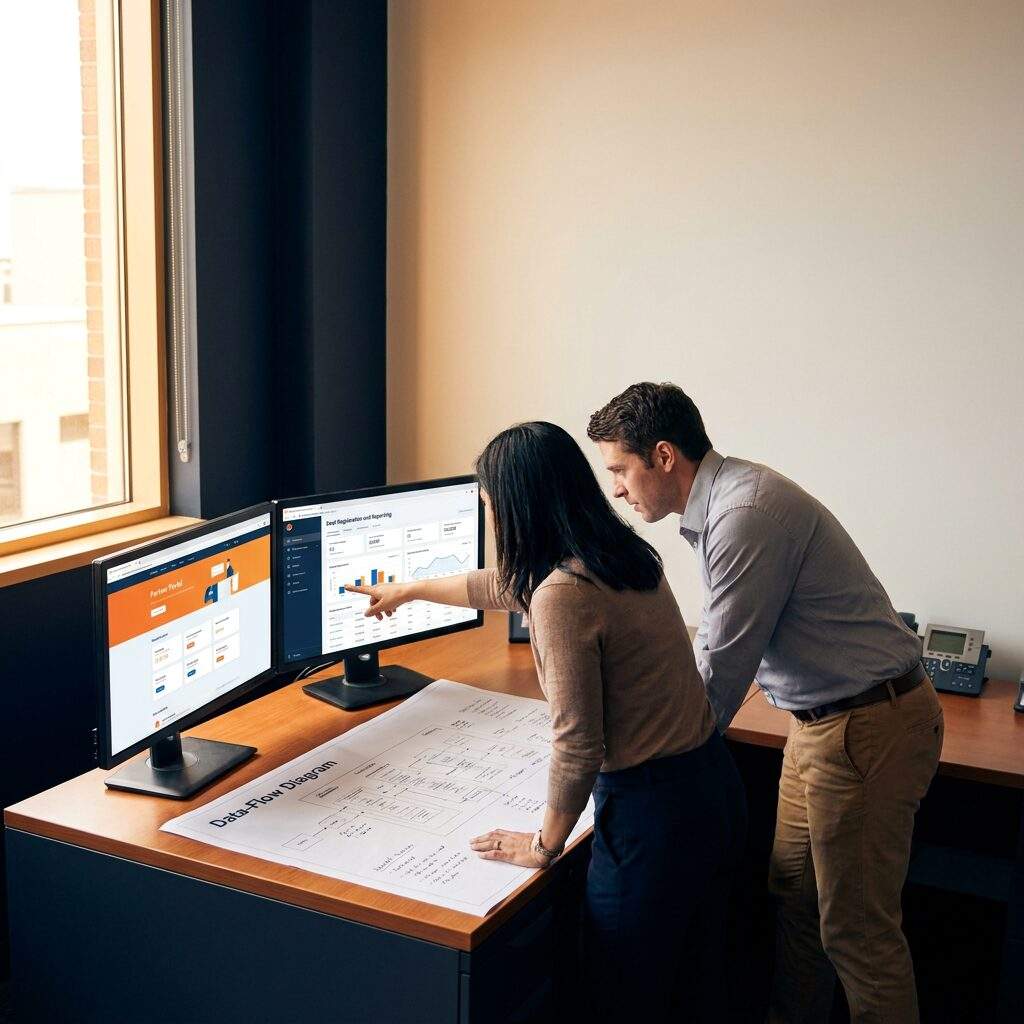 partner-relationship-management-system - Forecastable A partner operations lead and a systems admin reviewing a partner relationship management system on two monitors, one screen showing the partner portal and the other the deal-registration and reporting back end, a printed data-flow diagram on the desk, deep navy and warm amber palette
