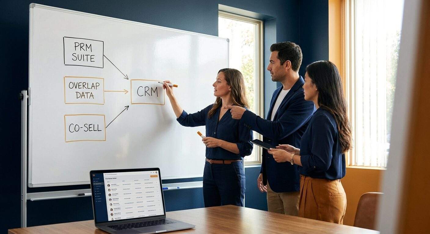 A partner operations team mapping their partner relationship management tools on a whiteboard, boxes for PRM suite, overlap data, and co-sell connected by arrows to a CRM, a laptop showing a live partner roster on the table, deep navy and warm amber palette